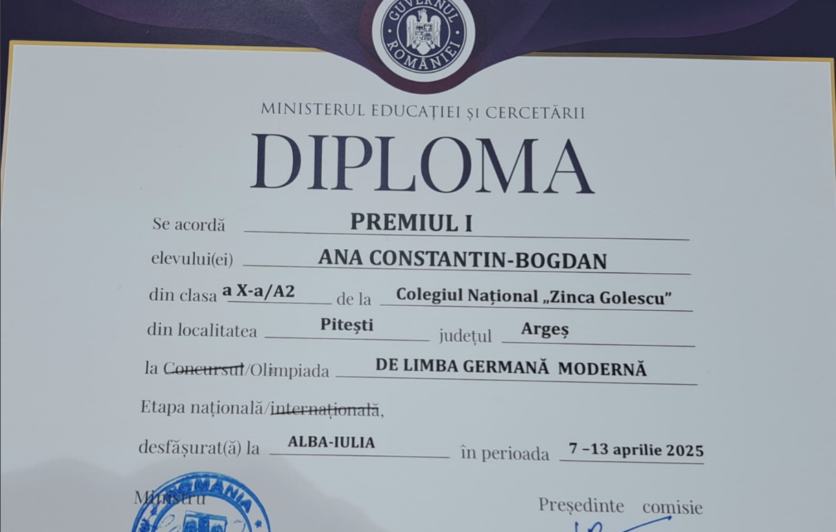 Premiul I la Olimpiada Națională de Germană- 2025